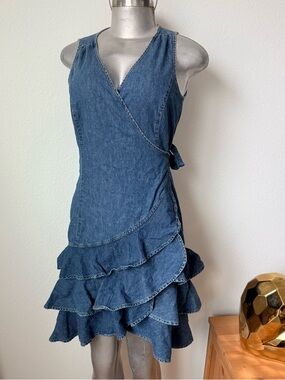 Ralph Lauren Lauren JeanCo vintage Sleeveless Denim Ruffle Wrap Dress - Blue